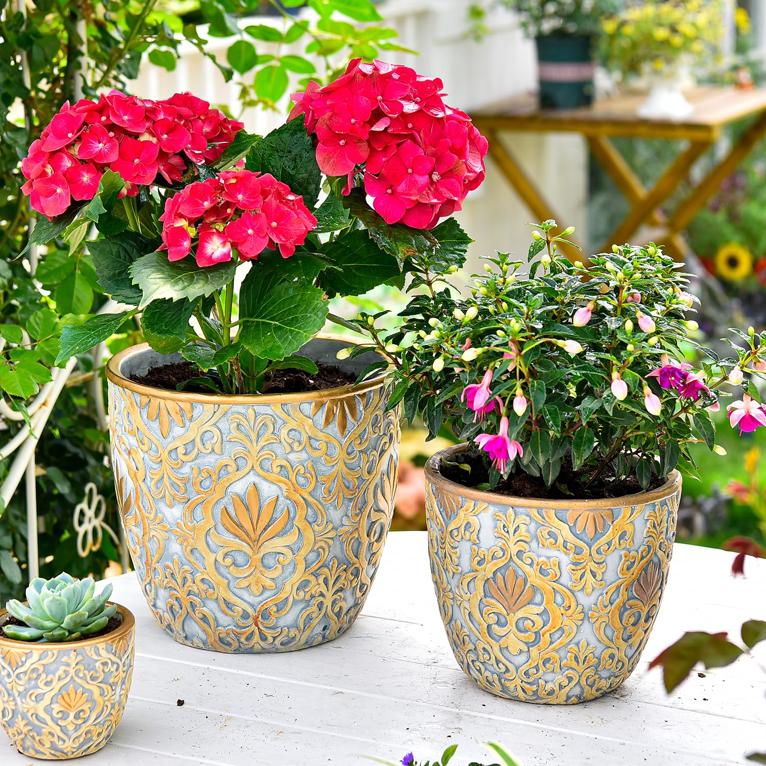 Sungmor Large Heavy Duty Cement Planters, Beautiful Embossed